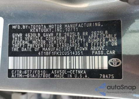 2012 Toyota Camry Base z USA, uszkodzony, nr VIN 4T1BF1FK2CU514351
